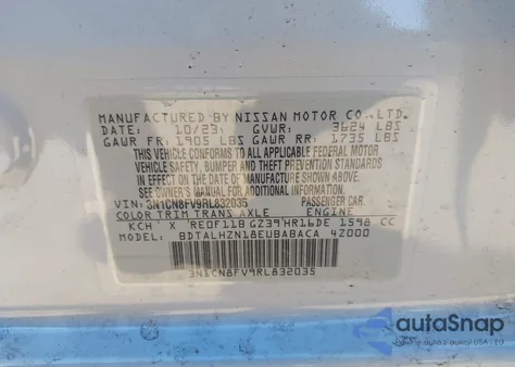 2024 Nissan Versa 1.6 Sr из США, поврежденный, VIN 3N1CN8FV9RL832035